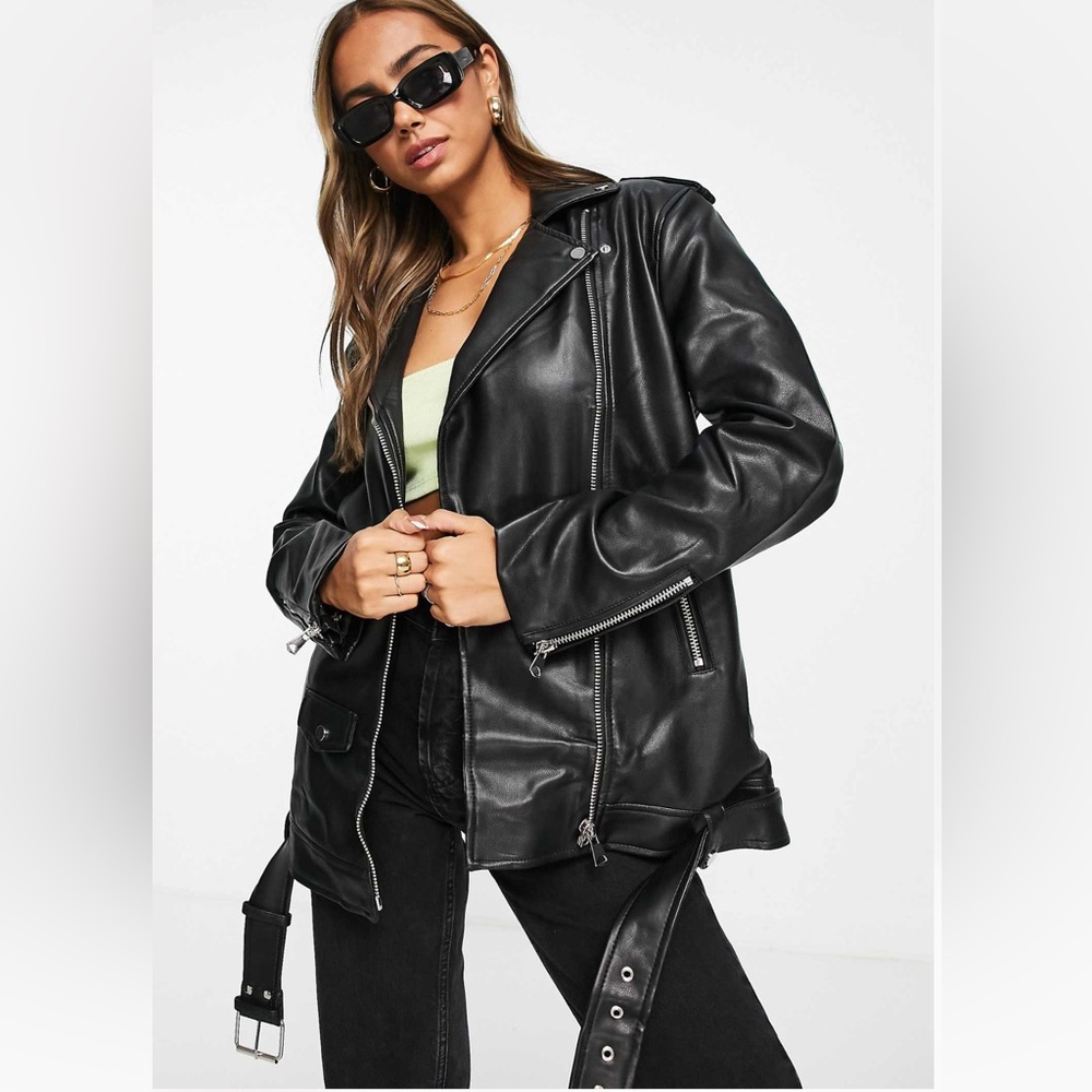Stradivarius oversized faux leather jacket in black